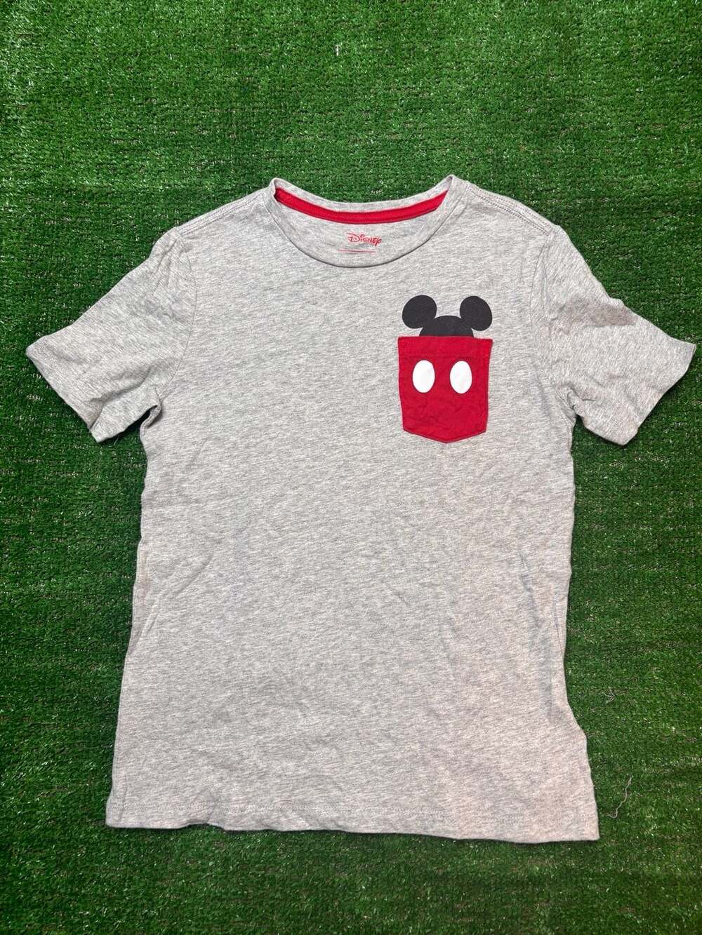 Disney Mickey Mouse Gray Short Sleeve T-Shirt with Red Pocket Peeking Mickey